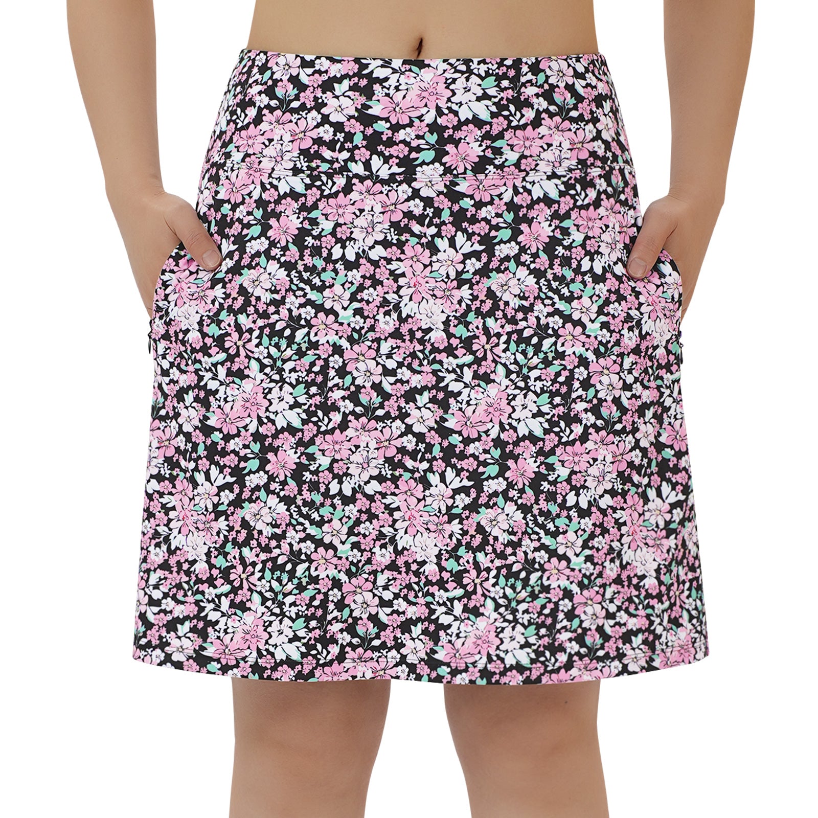 ANIVIVO Women's 20" Knee Length Skorts with Pockets Golf Tennis Skirt 2 Zipper Pockets High Waisted Built-In Shorts-Blackpink Flower