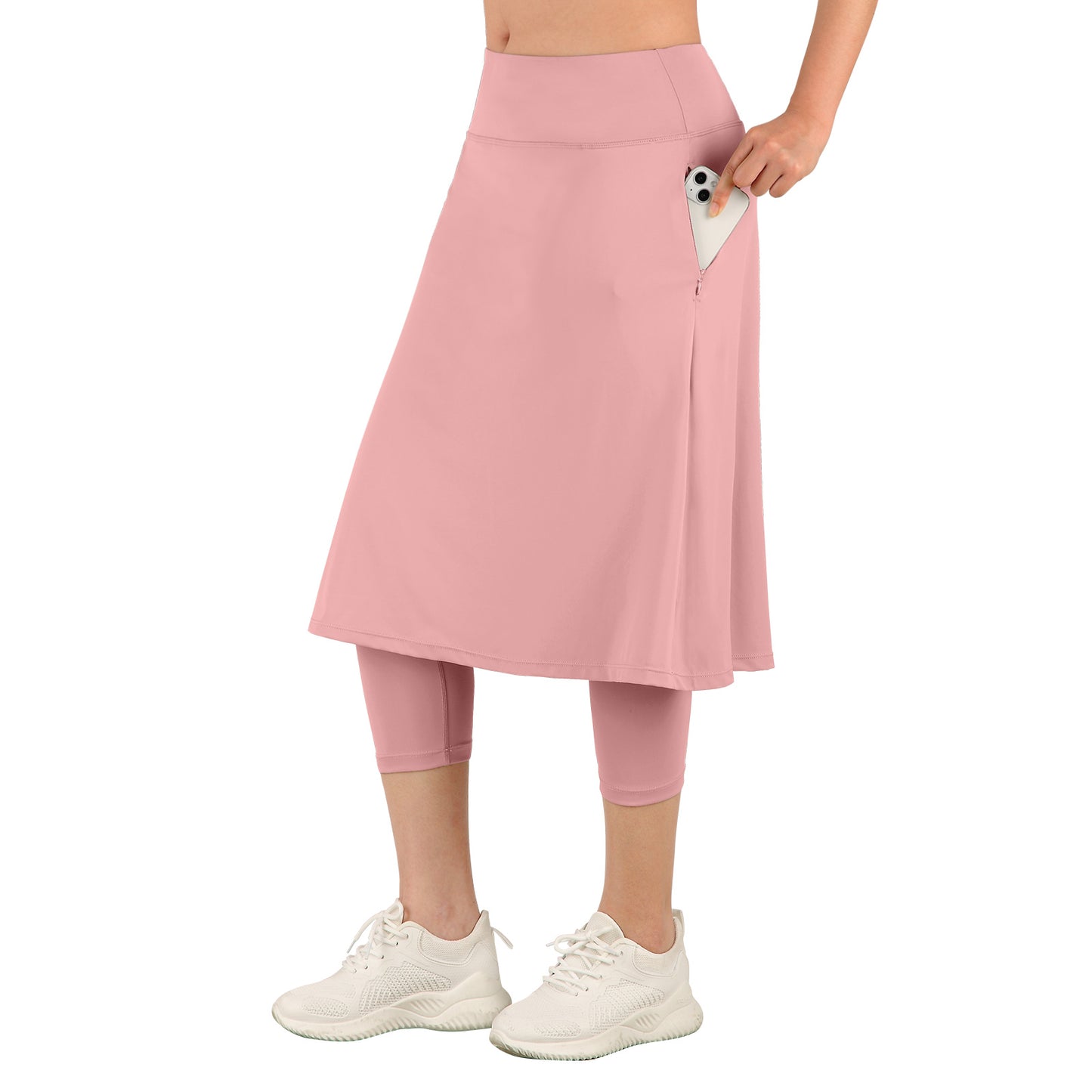 ANIVIVO Women Long Skirt with Leggings Skirted Leggings with Pockets High Waisted Zipper Pockets Modest Athletic skirt-Pink