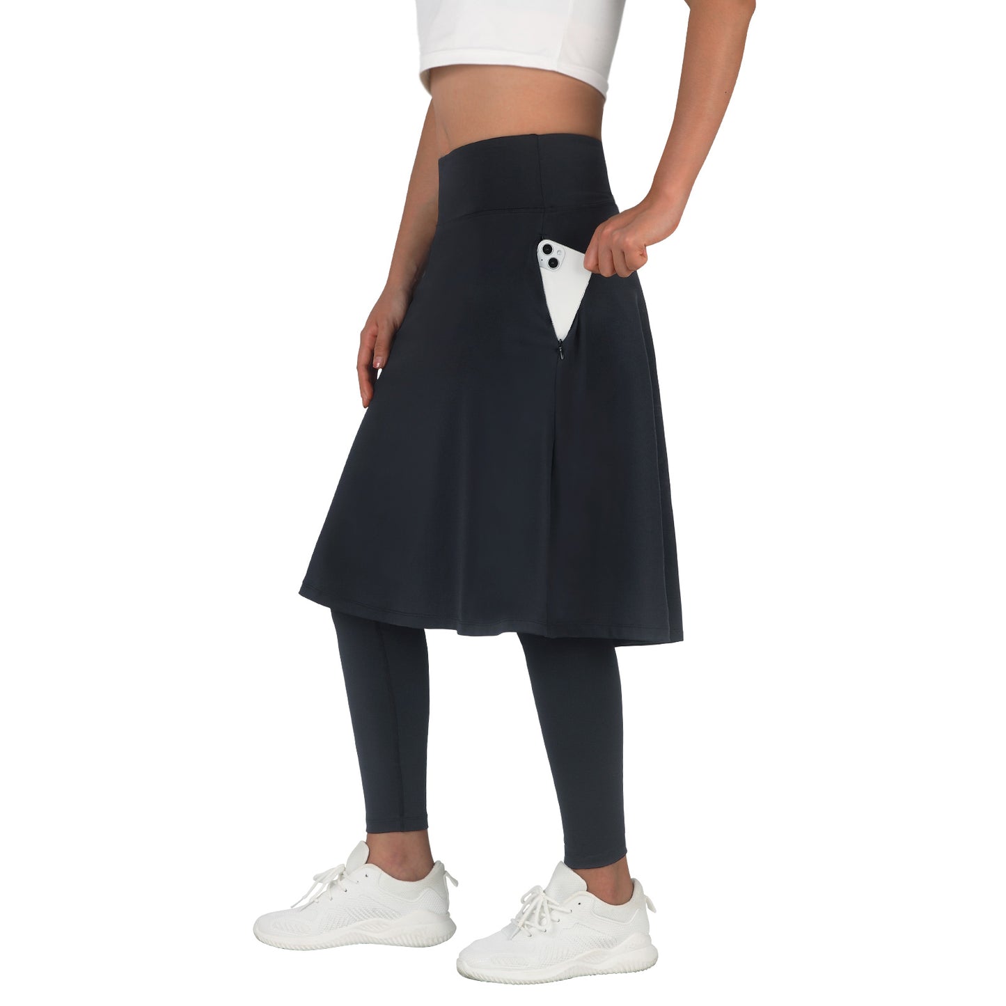 ANIVIVO Skirted Leggings for Women with Pockets Long Skirt with full Leggings 25"Knee Length with 2 Zipper Pockets-Black