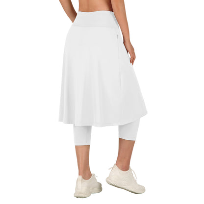 ANIVIVO Women Long Skirt with Leggings Skirted Leggings with Pockets High Waisted Zipper Pockets Modest Athletic skirt-White