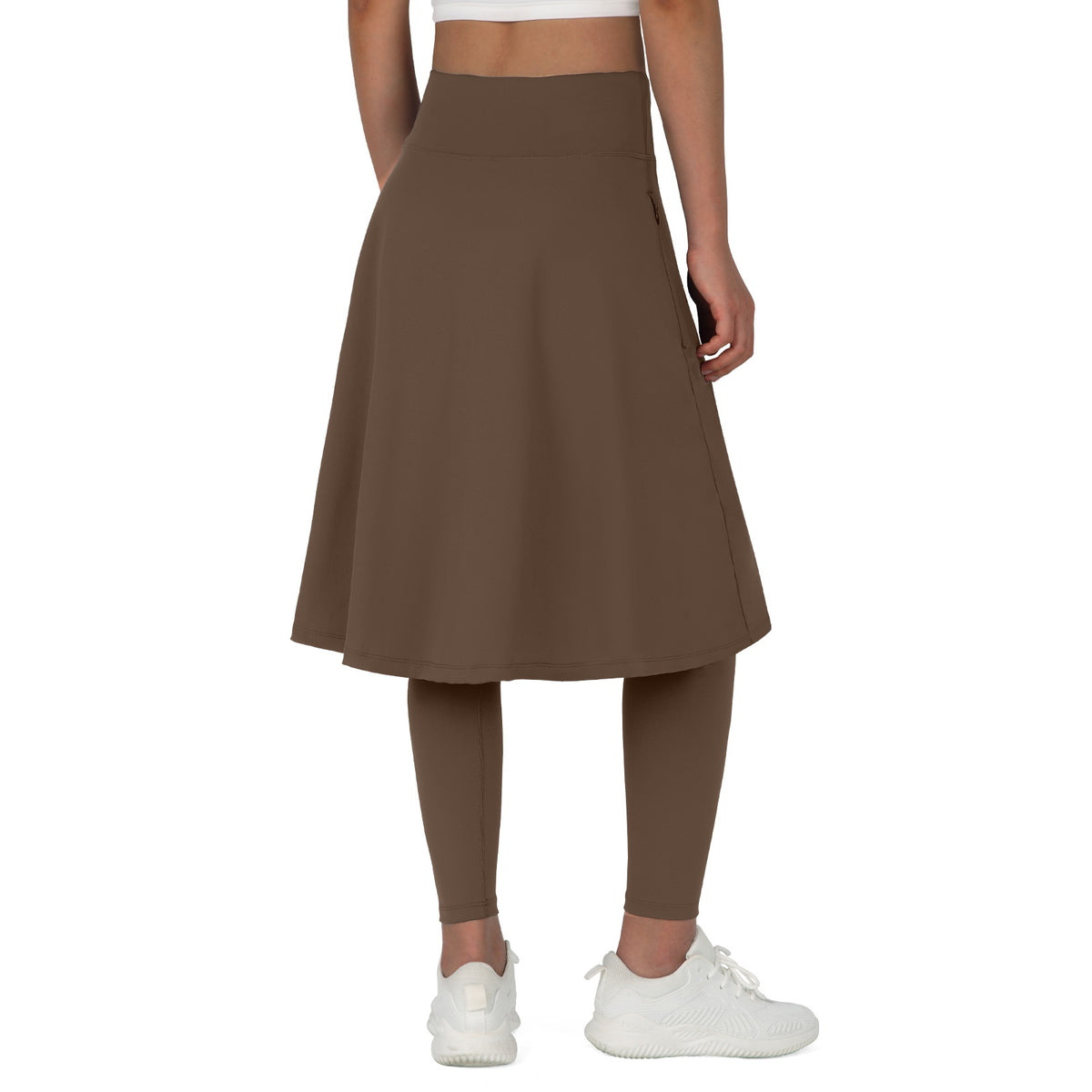 ANIVIVO Skirted Leggings for Women with Pockets Long Skirt with full Leggings 25"Knee Length with 2 Zipper Pockets-Brown