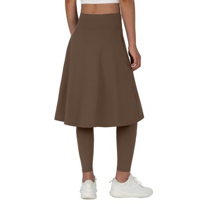 ANIVIVO Skirted Leggings for Women with Pockets Long Skirt with full Leggings 25"Knee Length with 2 Zipper Pockets-Brown