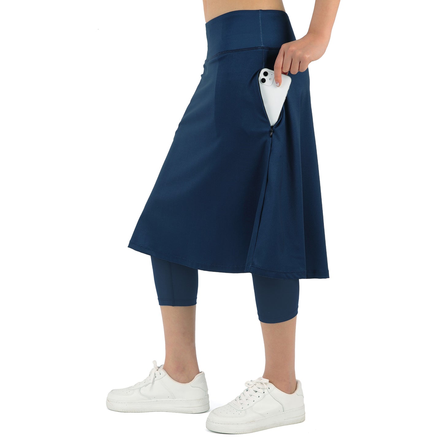 ANIVIVO Women Long Skirt with Leggings Skirted Leggings with Pockets High Waisted Zipper Pockets Modest Athletic skirt-Navy Blue