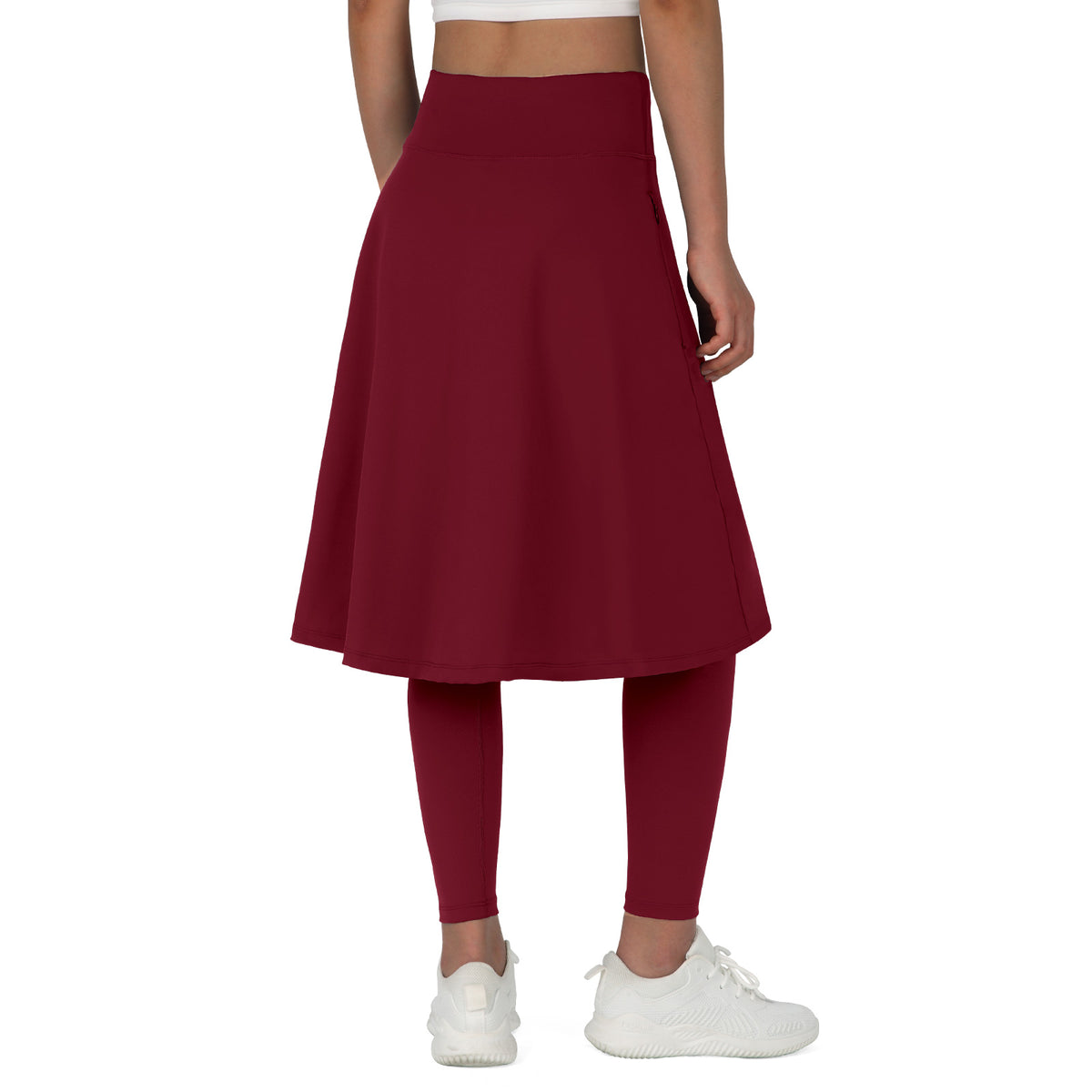 ANIVIVO Skirted Leggings for Women with Pockets Long Skirt with full Leggings 25"Knee Length with 2 Zipper Pockets-Wine Red
