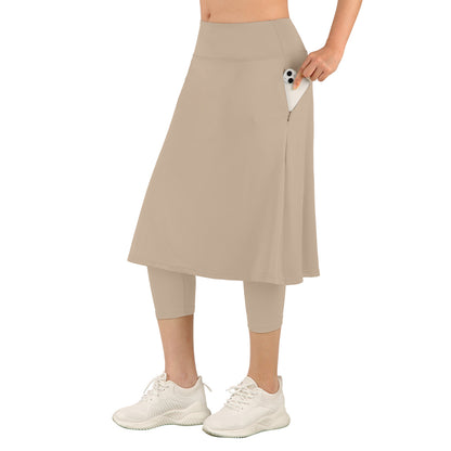 ANIVIVO Women Long Skirt with Leggings Skirted Leggings with Pockets High Waisted Zipper Pockets Modest Athletic skirt-Khaki