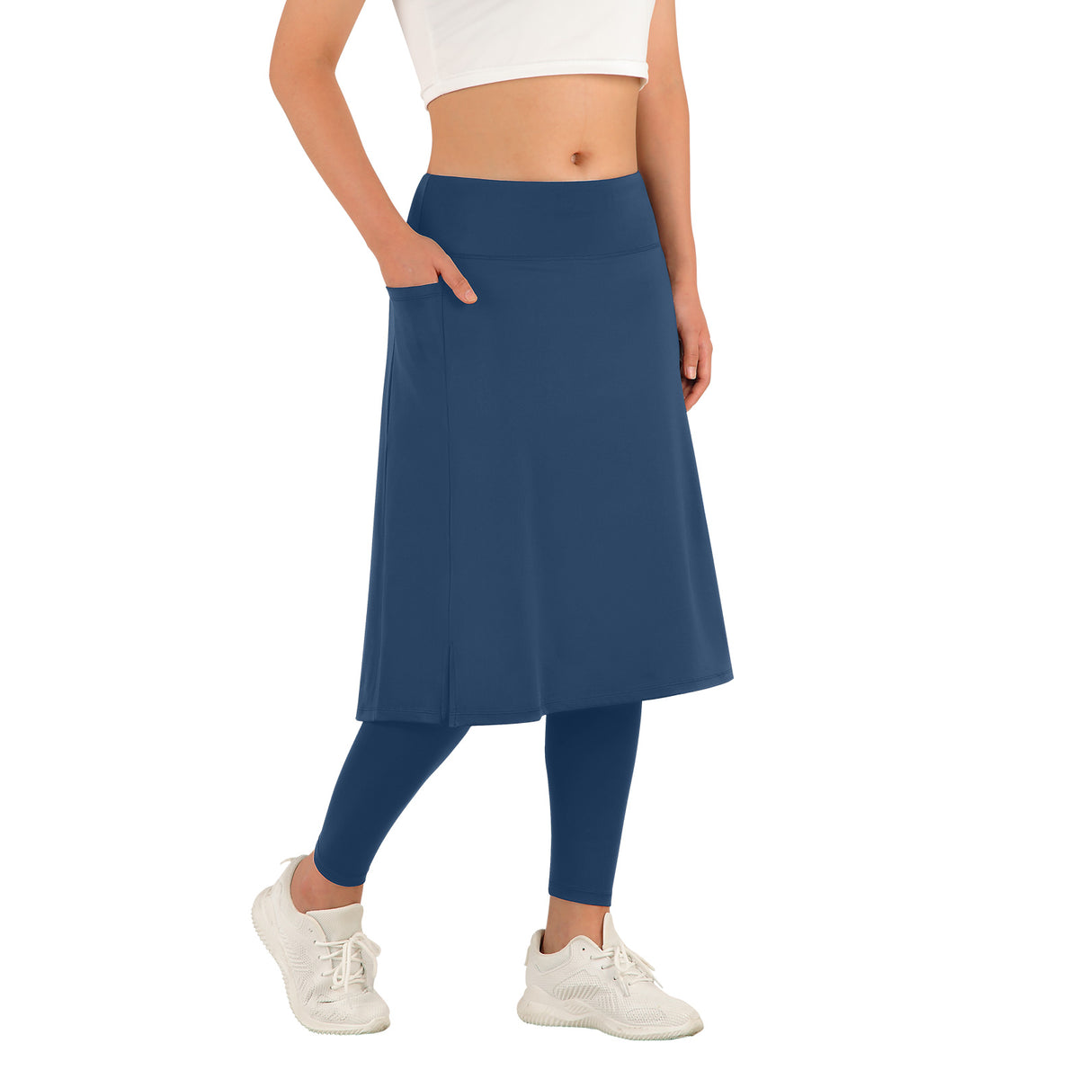 ANIVIVO Skirted Leggings for Women with Pockets Long Skirt with full Leggings 25"Knee Length with 2 Zipper Pockets-Navy Blue