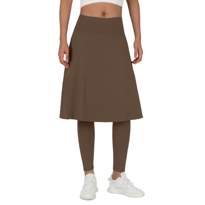 ANIVIVO Skirted Leggings for Women with Pockets Long Skirt with full Leggings 25"Knee Length with 2 Zipper Pockets-Brown