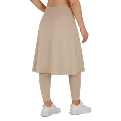 ANIVIVO Skirted Leggings for Women with Pockets Long Skirt with full Leggings 25"Knee Length with 2 Zipper Pockets-Khaki