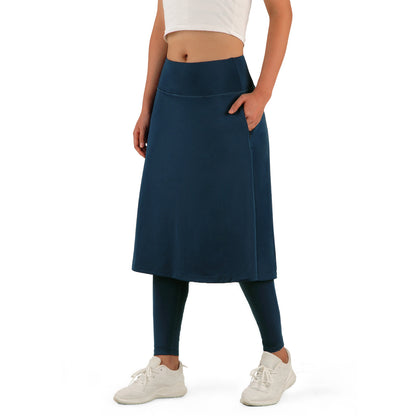 ANIVIVO Skirted Leggings for Women with Pockets Long Skirt with full Leggings 25"Knee Length with 2 Zipper Pockets-Navy Blue