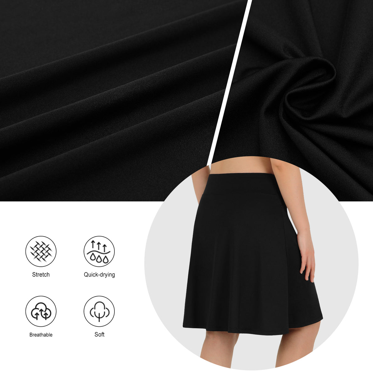ANIVIVO Skorts for Women 20" Knee Length Tennis Skirts with Pocekts-Black