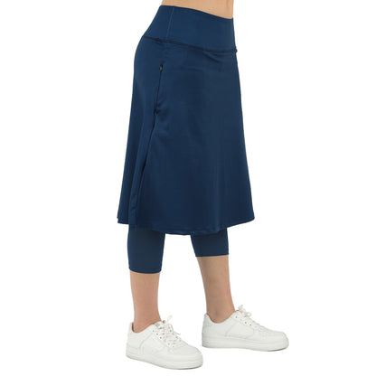 ANIVIVO Women Long Skirt with Leggings Skirted Leggings with Pockets High Waisted Zipper Pockets Modest Athletic skirt-Navy Blue