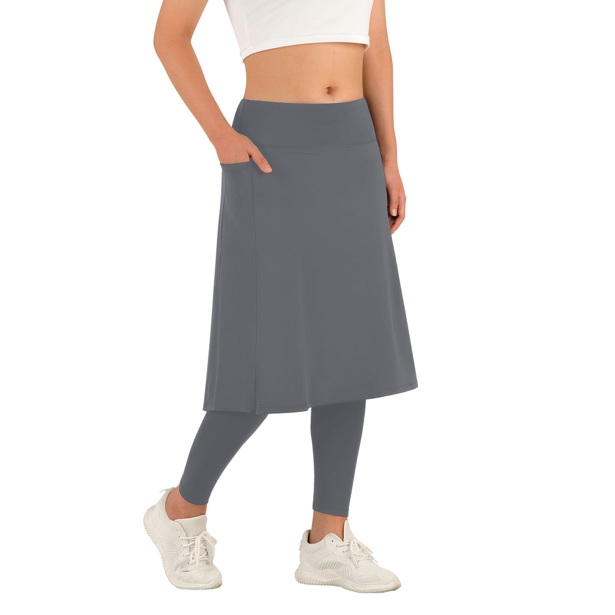 ANIVIVO Skirted Leggings for Women with Pockets Long Skirt with full Leggings 25"Knee Length with 2 Zipper Pockets-All Grey