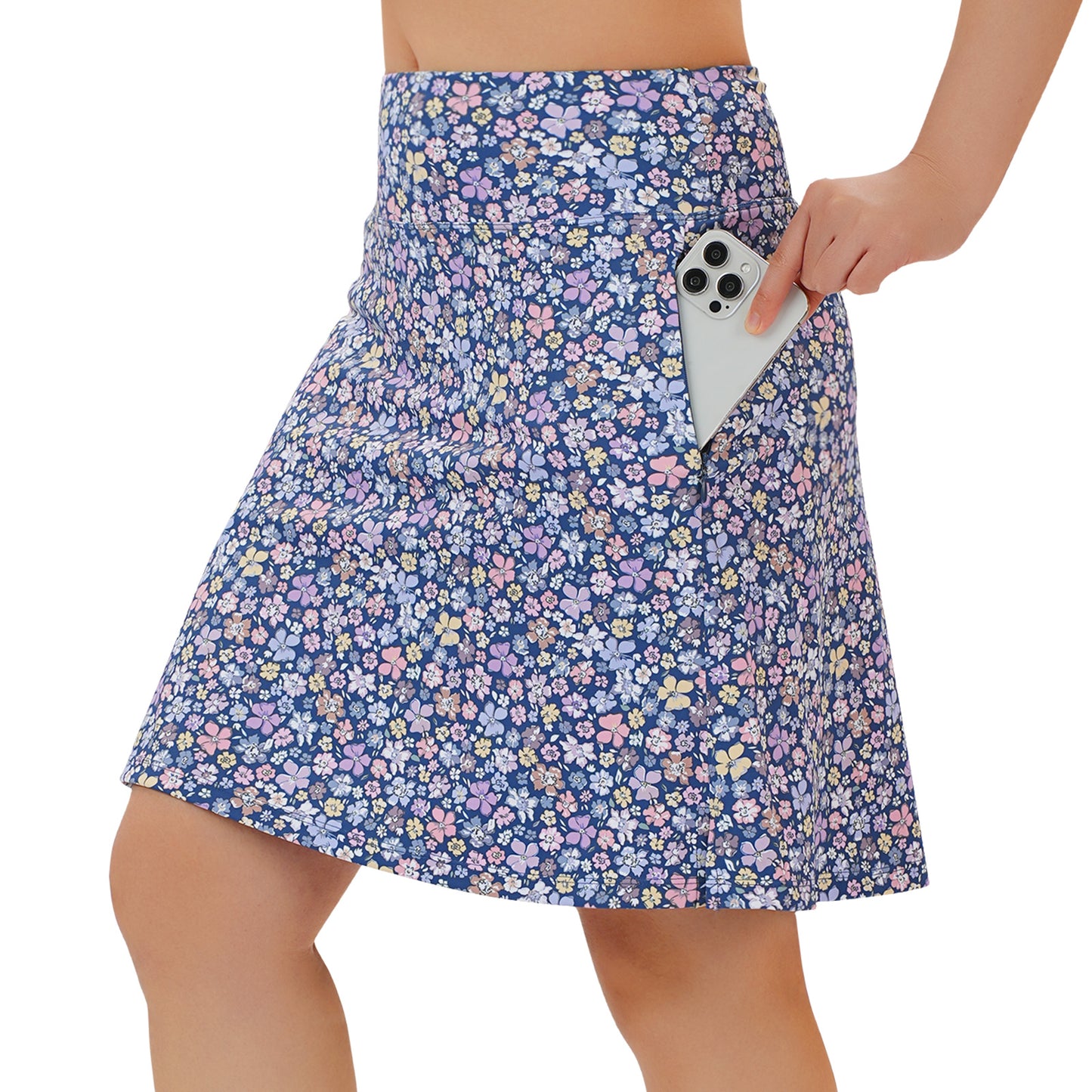 ANIVIVO Women's 20" Knee Length Skorts with Pockets Golf Tennis Skirt 2 Zipper Pockets High Waisted Built-In Shorts-Bluepurple Flower