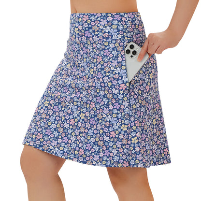 ANIVIVO Women's 20" Knee Length Skorts with Pockets Golf Tennis Skirt 2 Zipper Pockets High Waisted Built-In Shorts-Bluepurple Flower