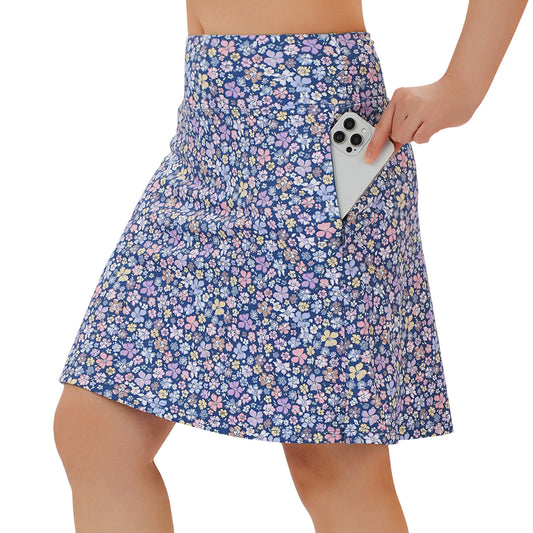 ANIVIVO Women's 20" Knee Length Skorts with Pockets Golf Tennis Skirt 2 Zipper Pockets High Waisted Built-In Shorts-Bluepurple Flower