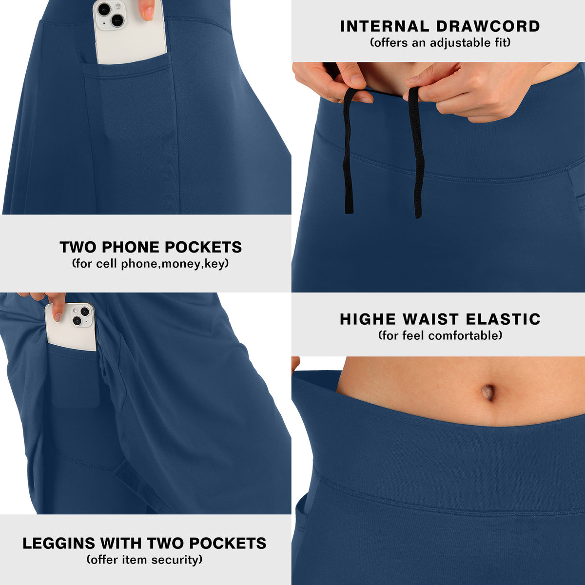 ANIVIVO Skirted Leggings for Women with Pockets Long Skirt with full Leggings 25"Knee Length with 2 Zipper Pockets-Navy Blue