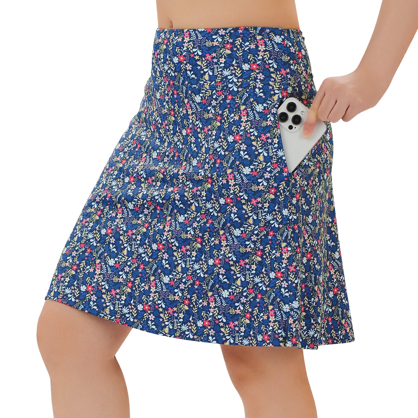 ANIVIVO Women's 20" Knee Length Skorts with Pockets Golf Tennis Skirt 2 Zipper Pockets High Waisted Built-In Shorts-Bluemulti Flowers