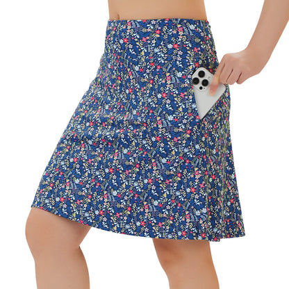 ANIVIVO Women's 20" Knee Length Skorts with Pockets Golf Tennis Skirt 2 Zipper Pockets High Waisted Built-In Shorts-Bluemulti Flowers