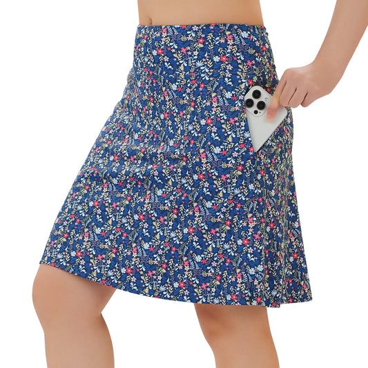 ANIVIVO Women's 20" Knee Length Skorts with Pockets Golf Tennis Skirt 2 Zipper Pockets High Waisted Built-In Shorts-Bluemulti Flowers