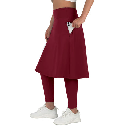 ANIVIVO Skirted Leggings for Women with Pockets Long Skirt with full Leggings 25"Knee Length with 2 Zipper Pockets-Wine Red