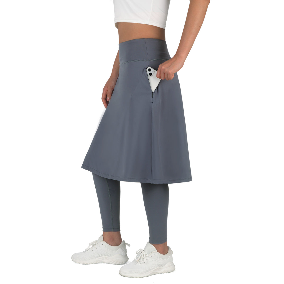 ANIVIVO Skirted Leggings for Women with Pockets Long Skirt with full Leggings 25"Knee Length with 2 Zipper Pockets-Grey