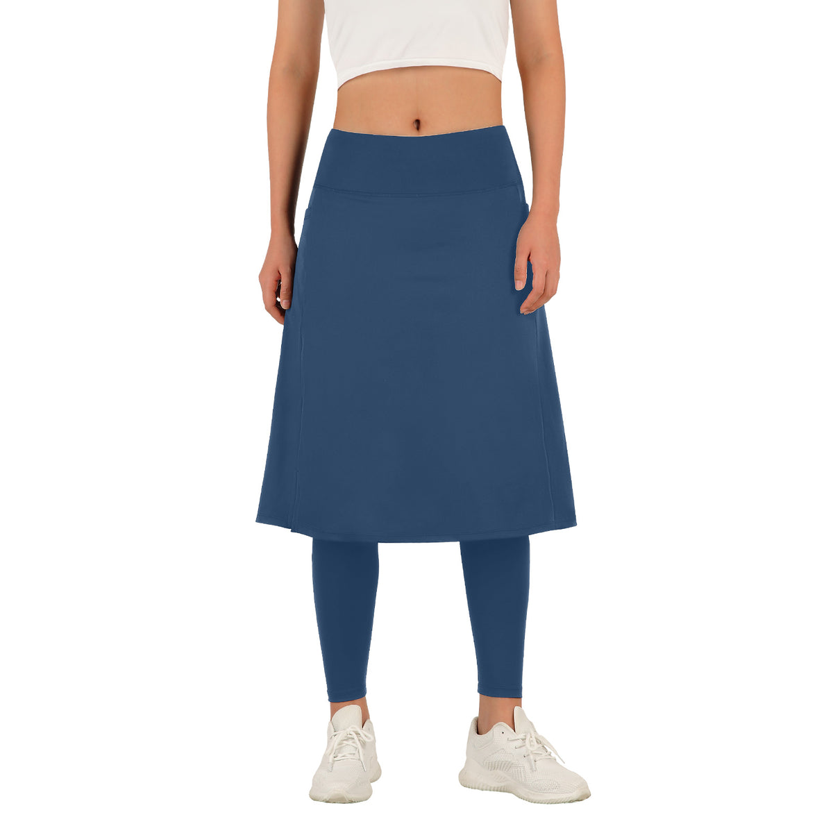 ANIVIVO Skirted Leggings for Women with Pockets Long Skirt with full Leggings 25"Knee Length with 2 Zipper Pockets-Navy Blue