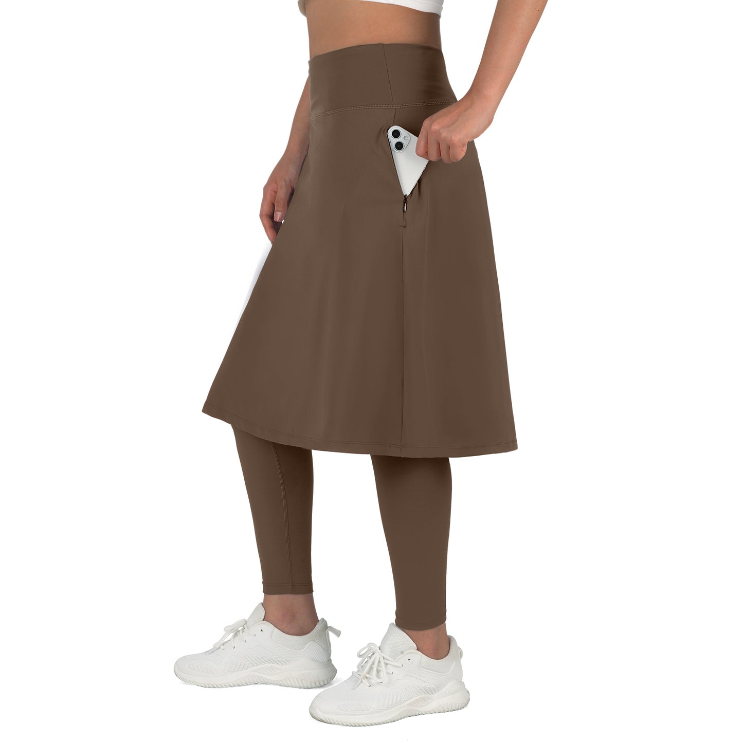 ANIVIVO Skirted Leggings for Women with Pockets Long Skirt with full Leggings 25"Knee Length with 2 Zipper Pockets-Brown