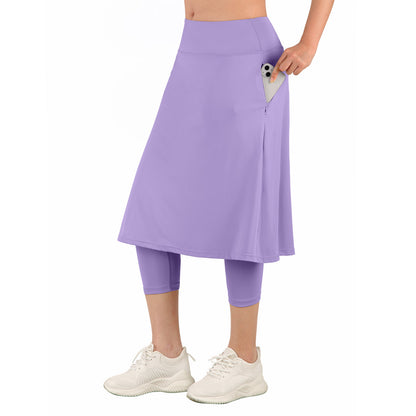 ANIVIVO Women Long Skirt with Leggings Skirted Leggings with Pockets High Waisted Zipper Pockets Modest Athletic skirt-Light Purple