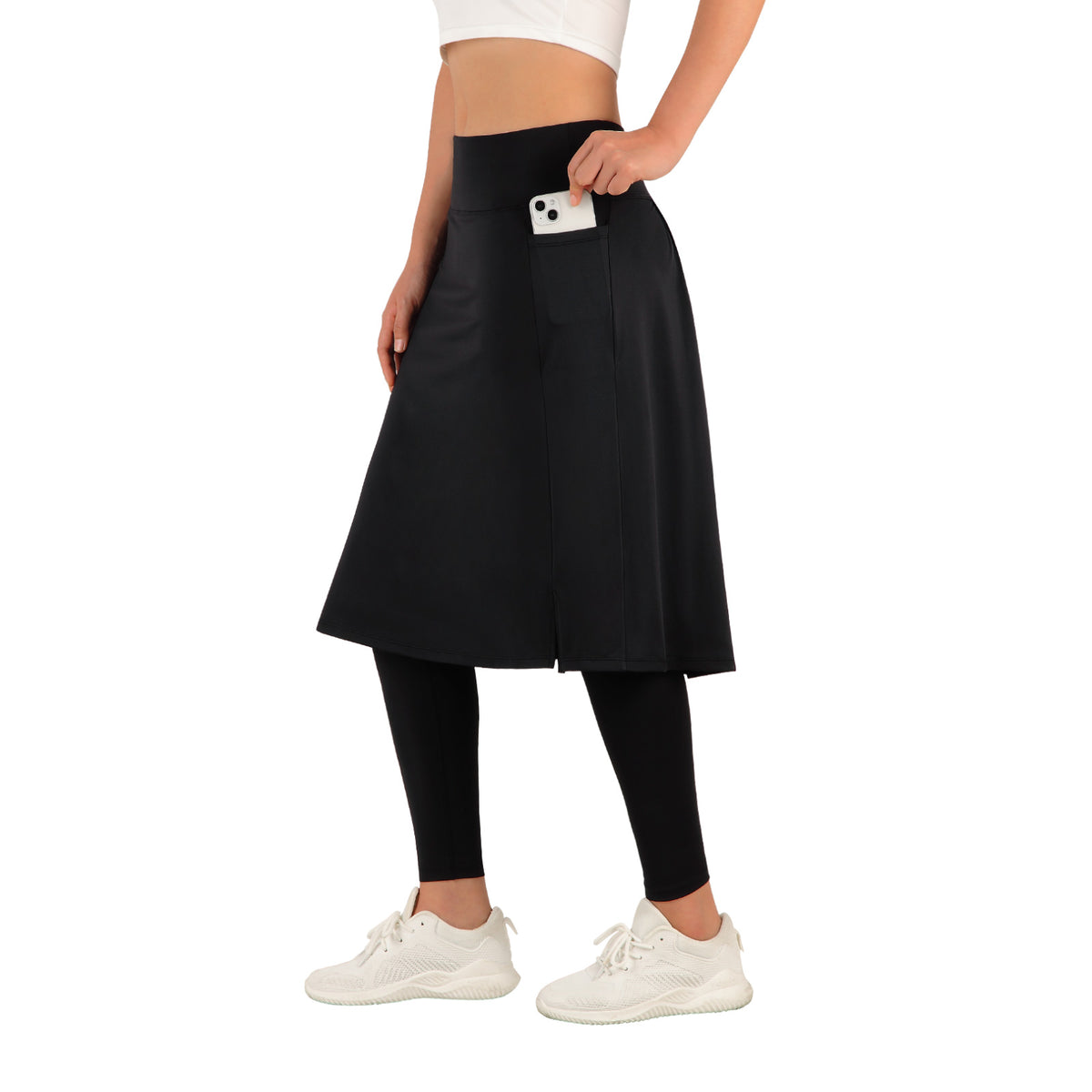 ANIVIVO Skirted Leggings for Women with Pockets Long Skirt with full Leggings 25"Knee Length with 2 Zipper Pockets-Black
