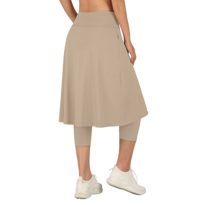 ANIVIVO Women Long Skirt with Leggings Skirted Leggings with Pockets High Waisted Zipper Pockets Modest Athletic skirt-Khaki