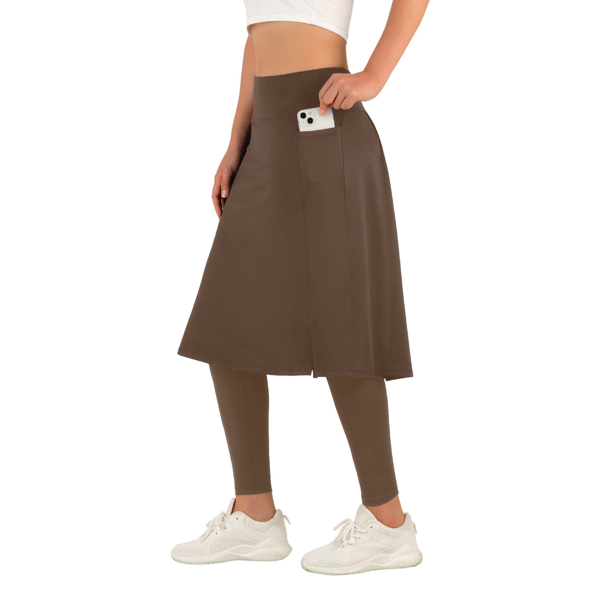 ANIVIVO Skirted Leggings for Women with Pockets Long Skirt with full Leggings 25"Knee Length with 2 Zipper Pockets-All Brown