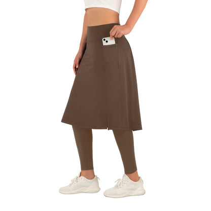 ANIVIVO Skirted Leggings for Women with Pockets Long Skirt with full Leggings 25"Knee Length with 2 Zipper Pockets-All Brown