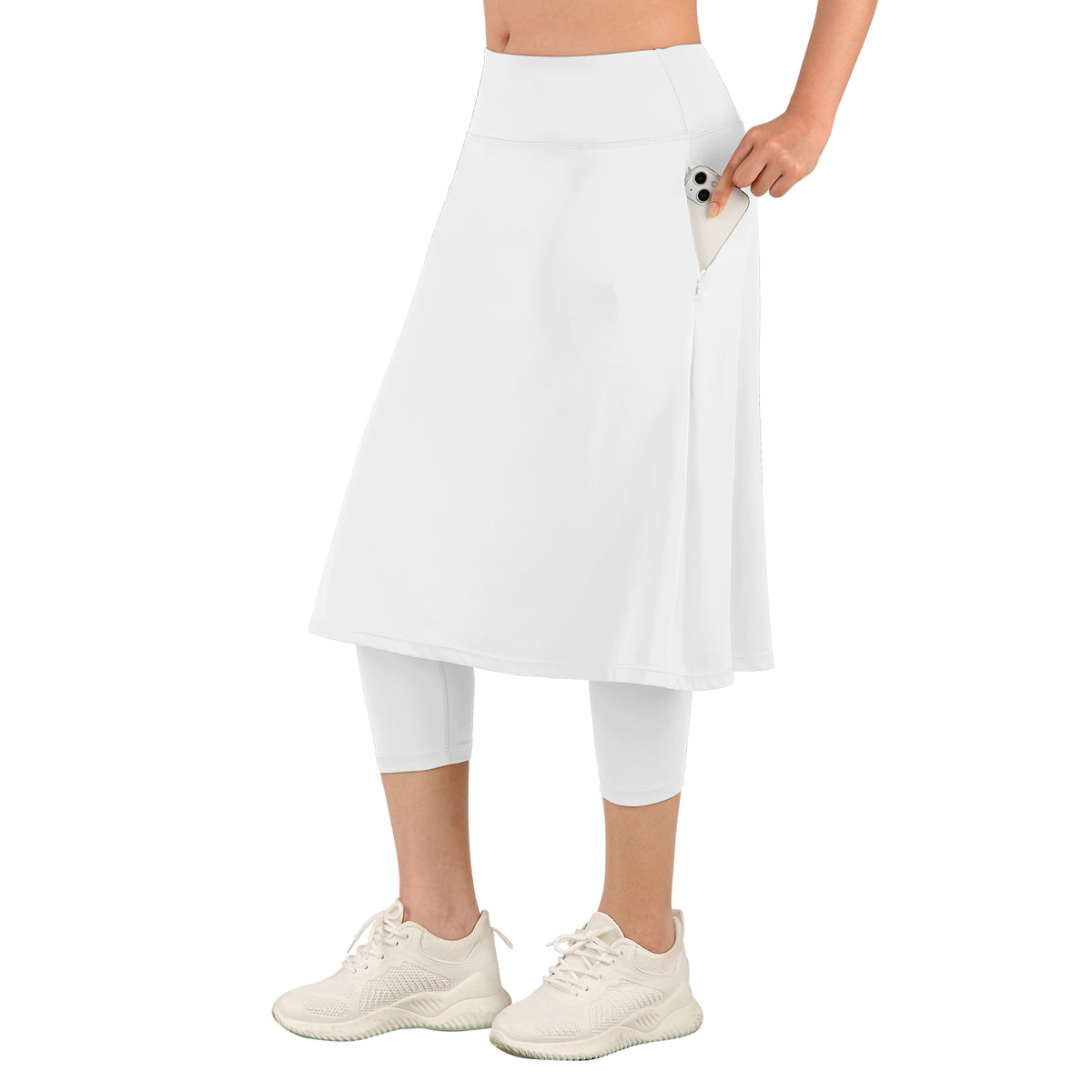 ANIVIVO Women Long Skirt with Leggings Skirted Leggings with Pockets High Waisted Zipper Pockets Modest Athletic skirt-White