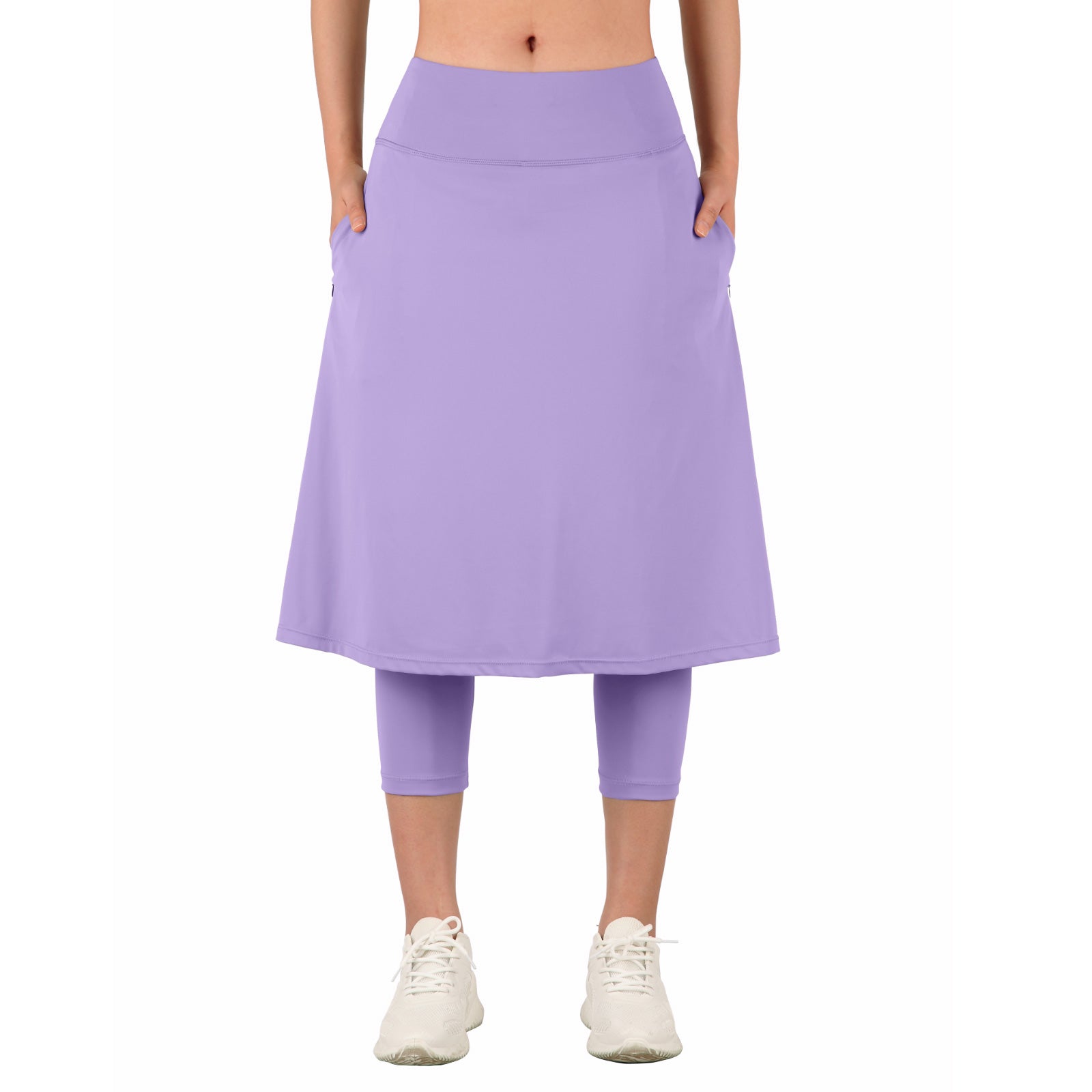 ANIVIVO Women Long Skirt with Leggings Skirted Leggings with Pockets High Waisted Zipper Pockets Modest Athletic skirt-Light Purple