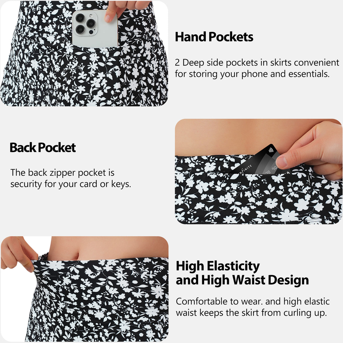 ANIVIVO Women's 24" Knee Length Skorts with Pockets Long Skorts Athletic Skirt 3 Pockets-Blackwhite Floral