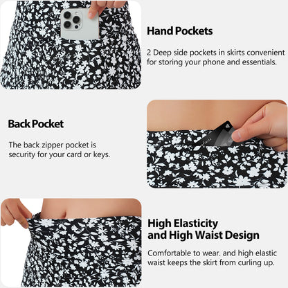 ANIVIVO Women's 24" Knee Length Skorts with Pockets Long Skorts Athletic Skirt 3 Pockets-Blackwhite Floral