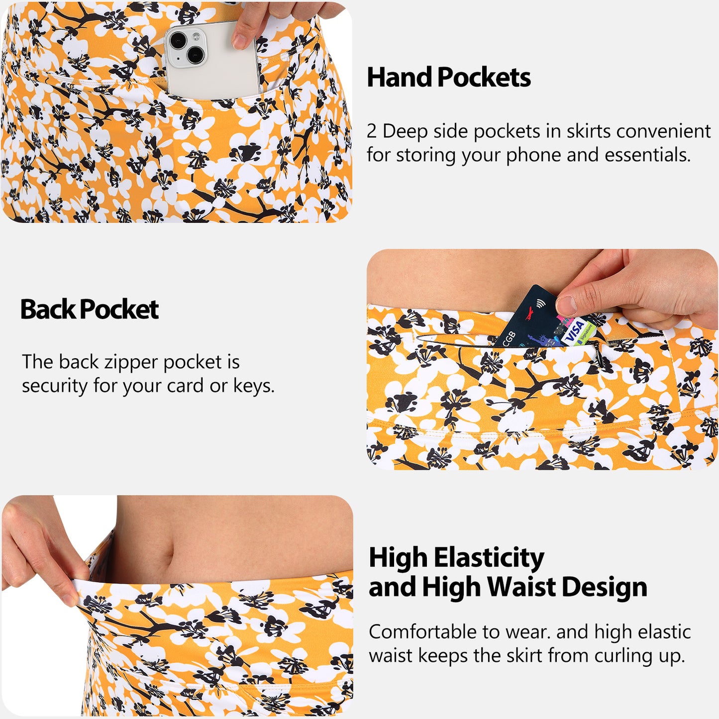 ANIVIVO Women's 24" Knee Length Skorts with Pockets Long Skorts Athletic Skirt 3 Pockets-Yellow Floral