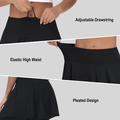 ANIVIVO Women Skirted Leggings Athletic Yoga Tennis Skirt with Legging Pleated, Pocket, Athletic, Exercise, Pickleball Clothes-Black