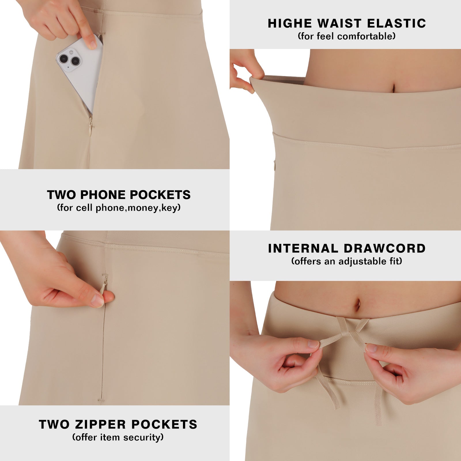 ANIVIVO Skirted Leggings for Women with Pockets Long Skirt with full Leggings 25"Knee Length with 2 Zipper Pockets-Khaki