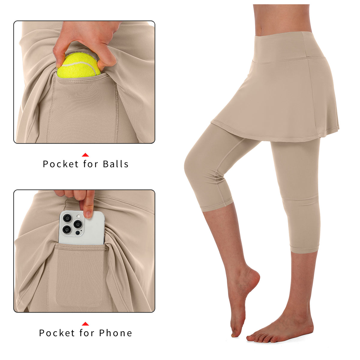ANIVIVO Women Tennis Skirted Leggings Yoga Legging with Skirt-Khaki