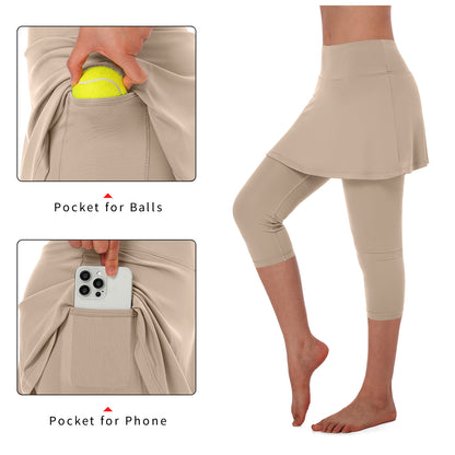 ANIVIVO Women Tennis Skirted Leggings Yoga Legging with Skirt-Khaki