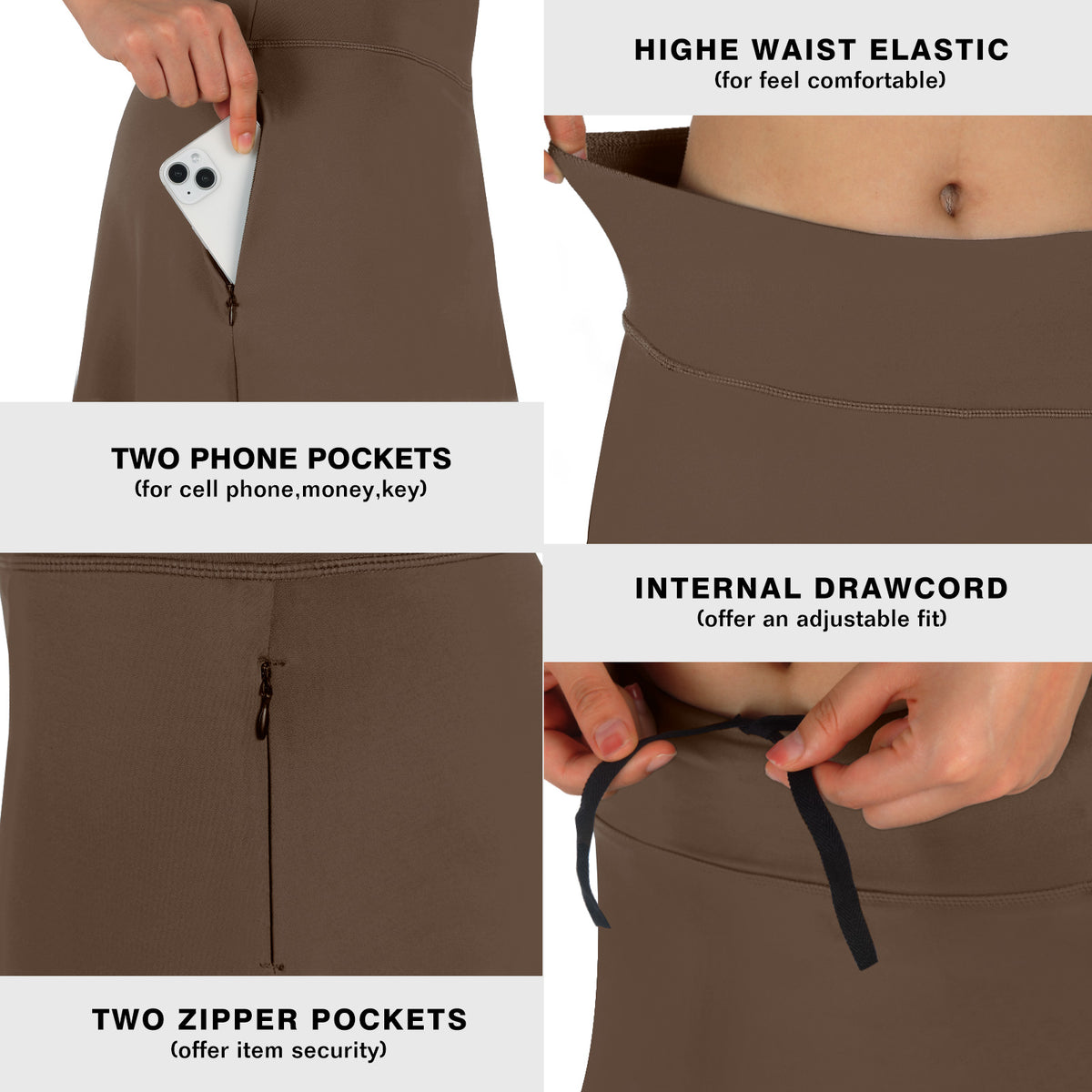 ANIVIVO Skirted Leggings for Women with Pockets Long Skirt with full Leggings 25"Knee Length with 2 Zipper Pockets-Brown