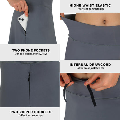 ANIVIVO Skirted Leggings for Women with Pockets Long Skirt with full Leggings 25"Knee Length with 2 Zipper Pockets-Grey