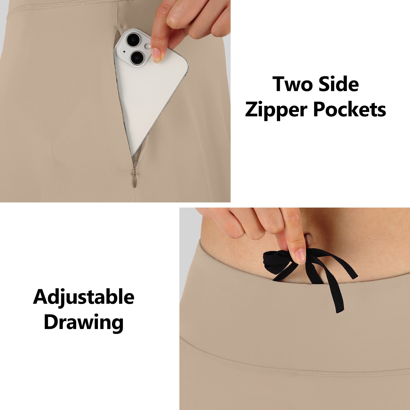 ANIVIVO Women Long Skirt with Leggings Skirted Leggings with Pockets High Waisted Zipper Pockets Modest Athletic skirt-Khaki