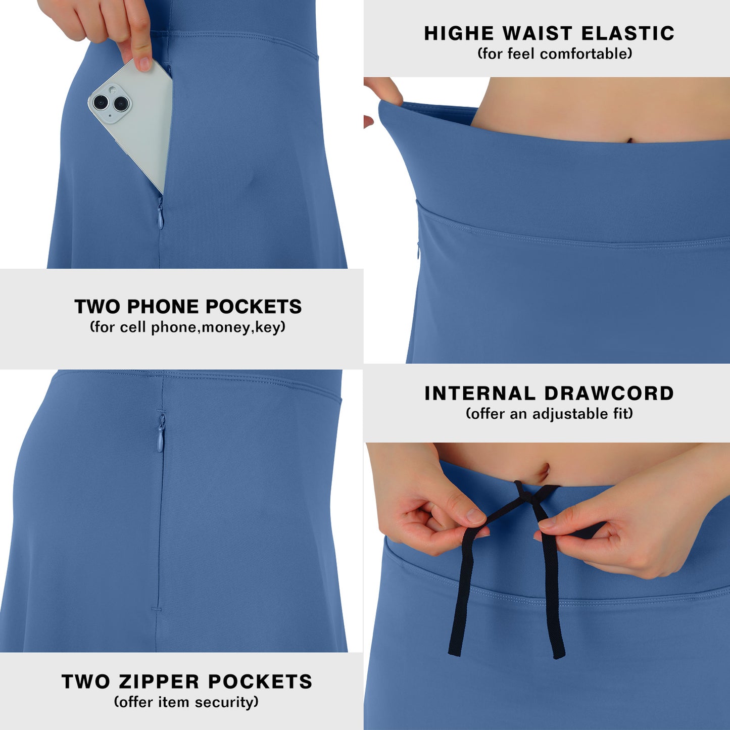 ANIVIVO Skirted Leggings for Women with Pockets Long Skirt with full Leggings 25"Knee Length with 2 Zipper Pockets-Steel Blue