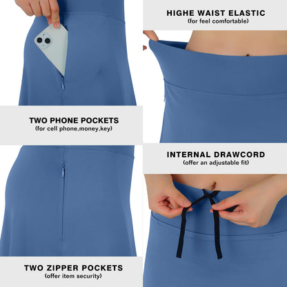 ANIVIVO Skirted Leggings for Women with Pockets Long Skirt with full Leggings 25"Knee Length with 2 Zipper Pockets-Steel Blue