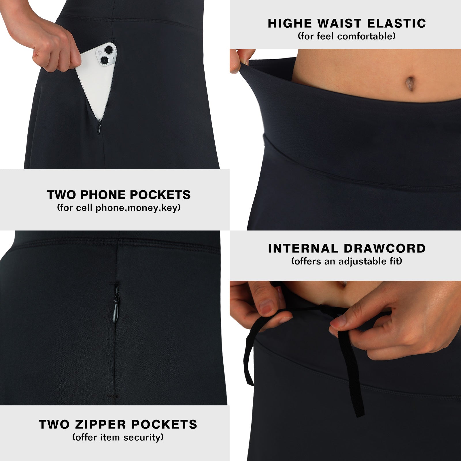 ANIVIVO Skirted Leggings for Women with Pockets Long Skirt with full Leggings 25"Knee Length with 2 Zipper Pockets-Black