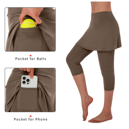 ANIVIVO Women Tennis Skirted Leggings Yoga Legging with Skirt-Brown