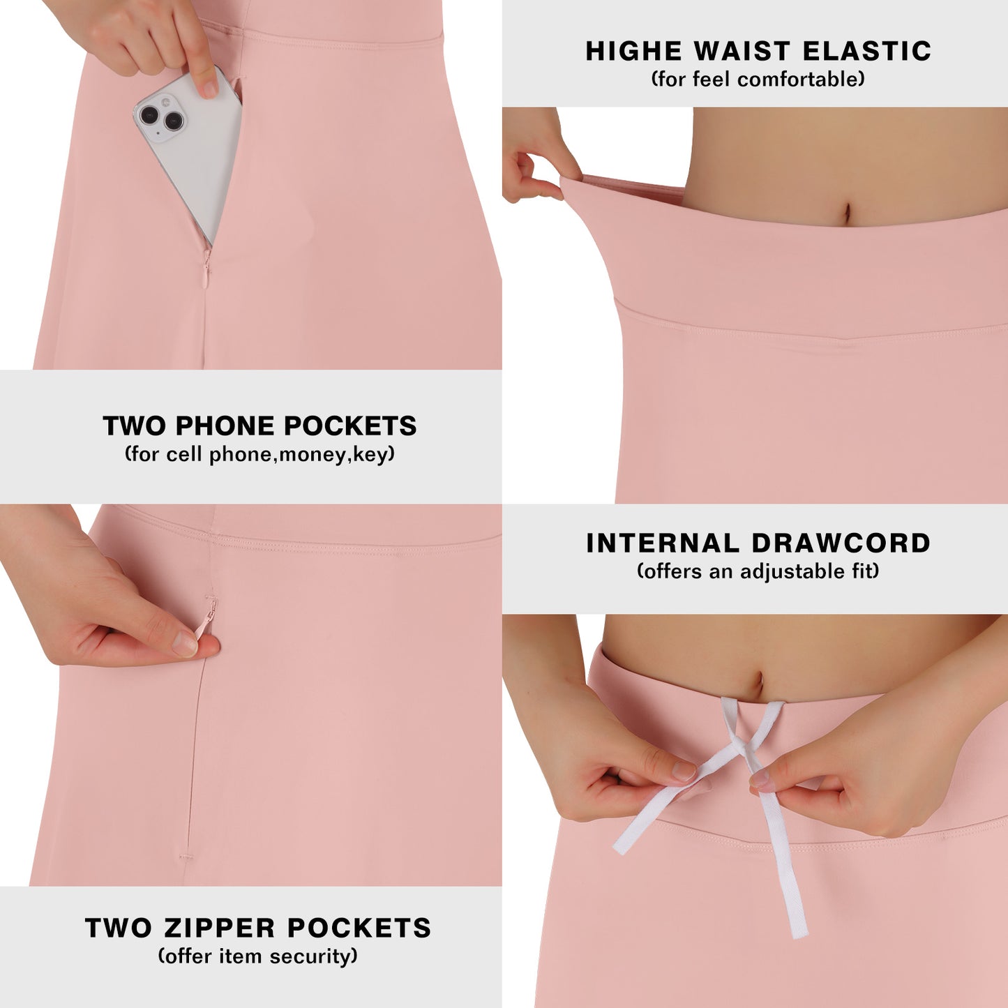 ANIVIVO Skirted Leggings for Women with Pockets Long Skirt with full Leggings 25"Knee Length with 2 Zipper Pockets-Light Pink