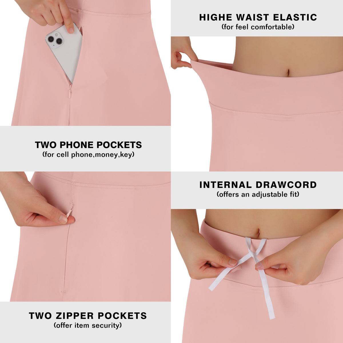 ANIVIVO Skirted Leggings for Women with Pockets Long Skirt with full Leggings 25"Knee Length with 2 Zipper Pockets-Light Pink